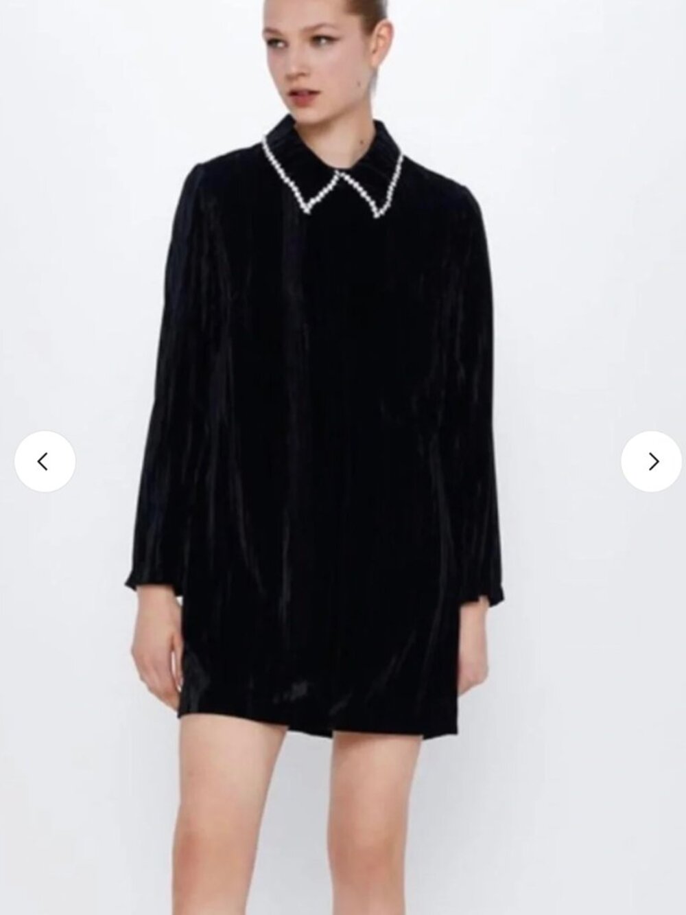 ZARA BLACK CRUSHED VELVET RHINESTONE COLLAR MINI DRESS — XS